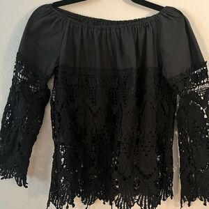 Women's Off the Shoulder Black Crochet Hem/Sleeves Top Whimsigoth Boho Size XS/S